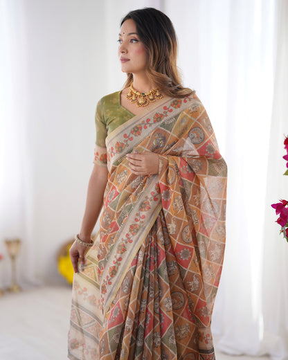 Heritage Kalamkari Inspired Earthy Beige Printed Saree with Floral Border & Artistic Pallu