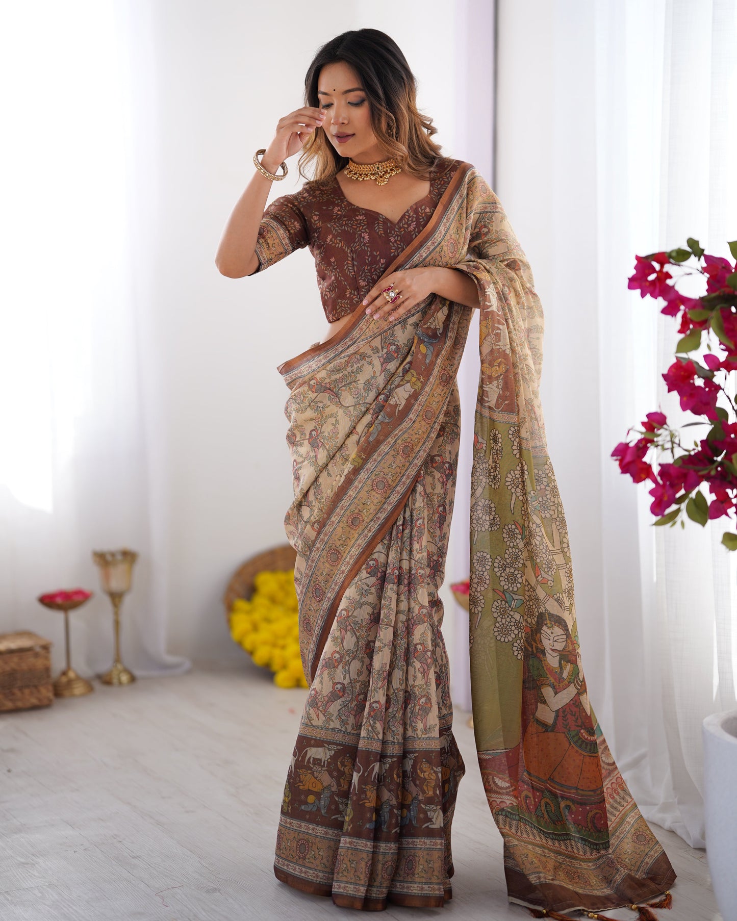 Handpainted Kalamkari Inspired Printed Saree with Heritage Border & Art Pallu