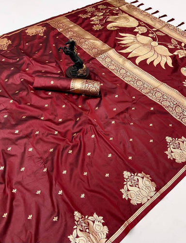 Elision Maroon Soft Silk Saree With Allure Blouse Piece