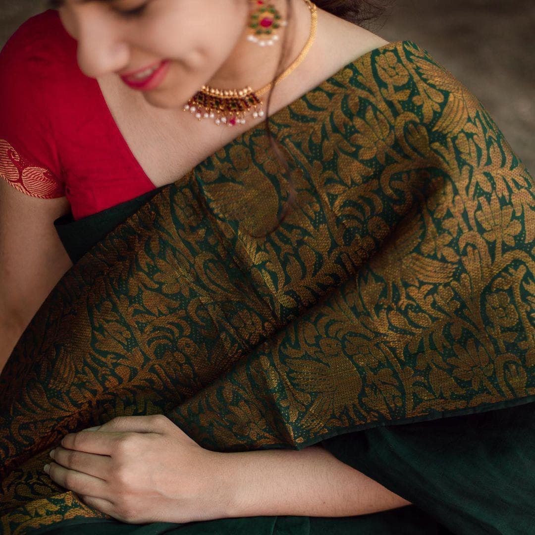 The Silk Beautiful Dark Green & Golden Jacquard Work Silk Designer Sarees