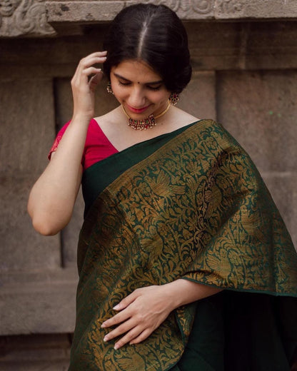 The Silk Beautiful Dark Green & Golden Jacquard Work Silk Designer Sarees