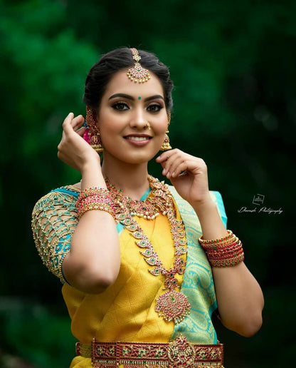 Yellow Color With Golden Zari Designer Lchi Silk Saree For Weaving