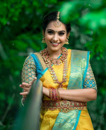 Yellow Color With Golden Zari Designer Lchi Silk Saree For Weaving