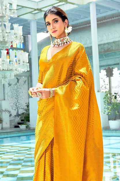 Dandelion Yellow Lichi Silk Zar  Saree Weaving