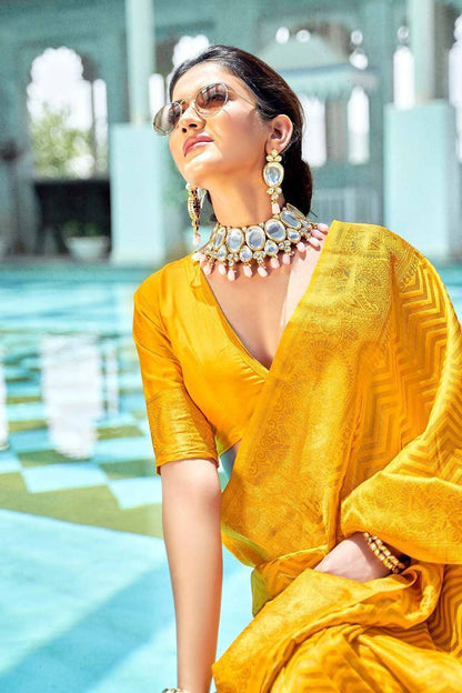 Dandelion Yellow Lichi Silk Zar  Saree Weaving