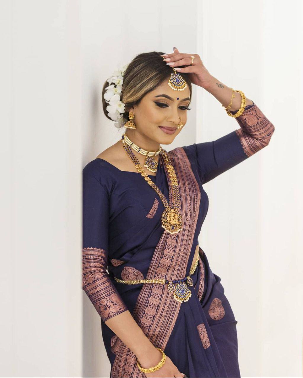 Dark Blue Party Wear With Lichi Silk saree