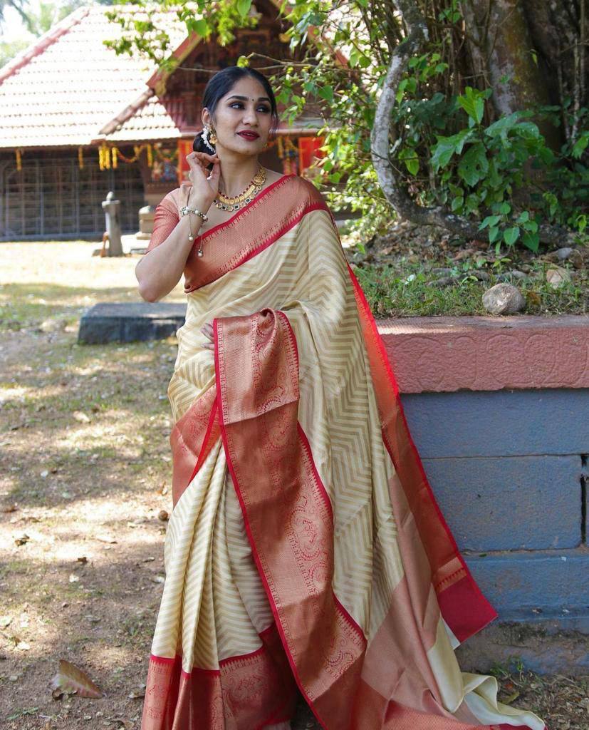 Cream With Red Lichi Silk Zari Woven Saree
