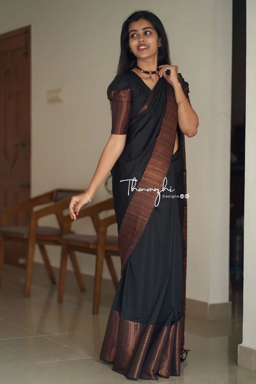 Black Saree With Copper Zari Designer Exclusive Soft Lichi Silk .