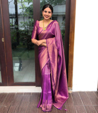 Purple  Pink Trending Lichi Silk Saree For Wedding