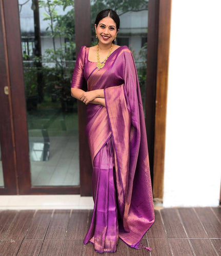 Purple  Pink Trending Lichi Silk Saree For Wedding