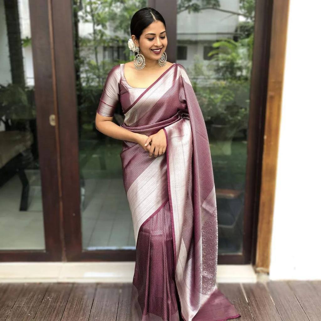 Maroon And Silver Raw Silk Traditional Weaving Work Saree