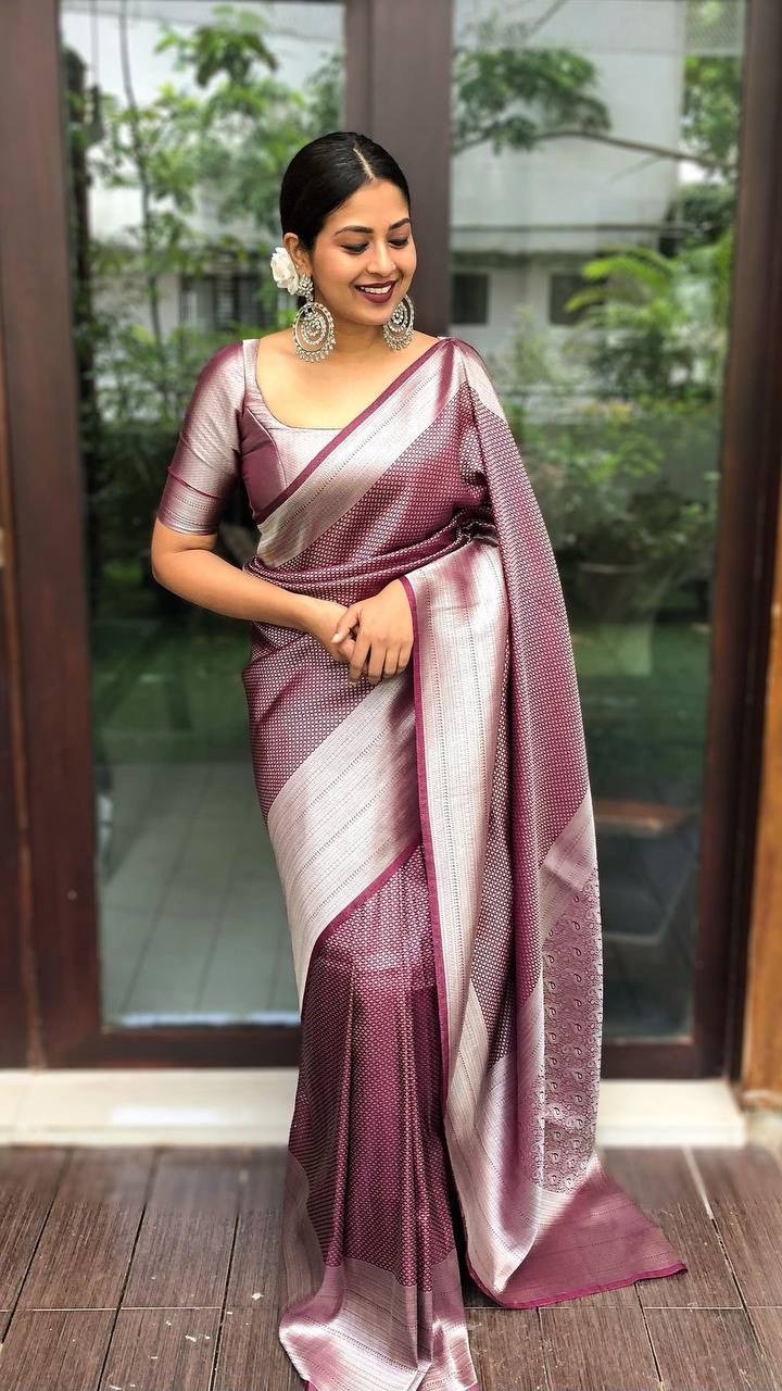 Maroon And Silver Raw Silk Traditional Weaving Work Saree
