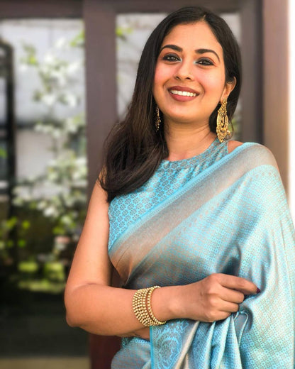 Maya Light Teal Blue Copper Zari Weaving Designer Lichi Silk Saree