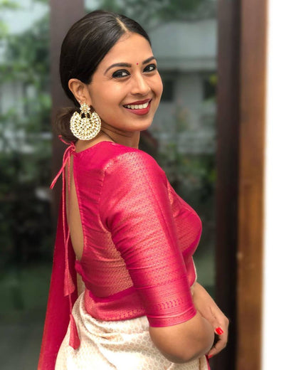 Traditional Lichi Silk  In The Shades Of White And Pink & Cream Saree