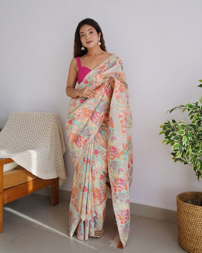 Extraordinary Beige Banarasi Soft Silk Saree