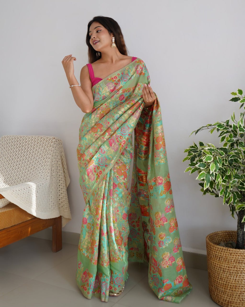 Charming Pista Banarasi Soft Silk Saree