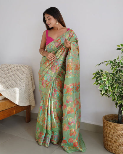 Charming Pista Banarasi Soft Silk Saree