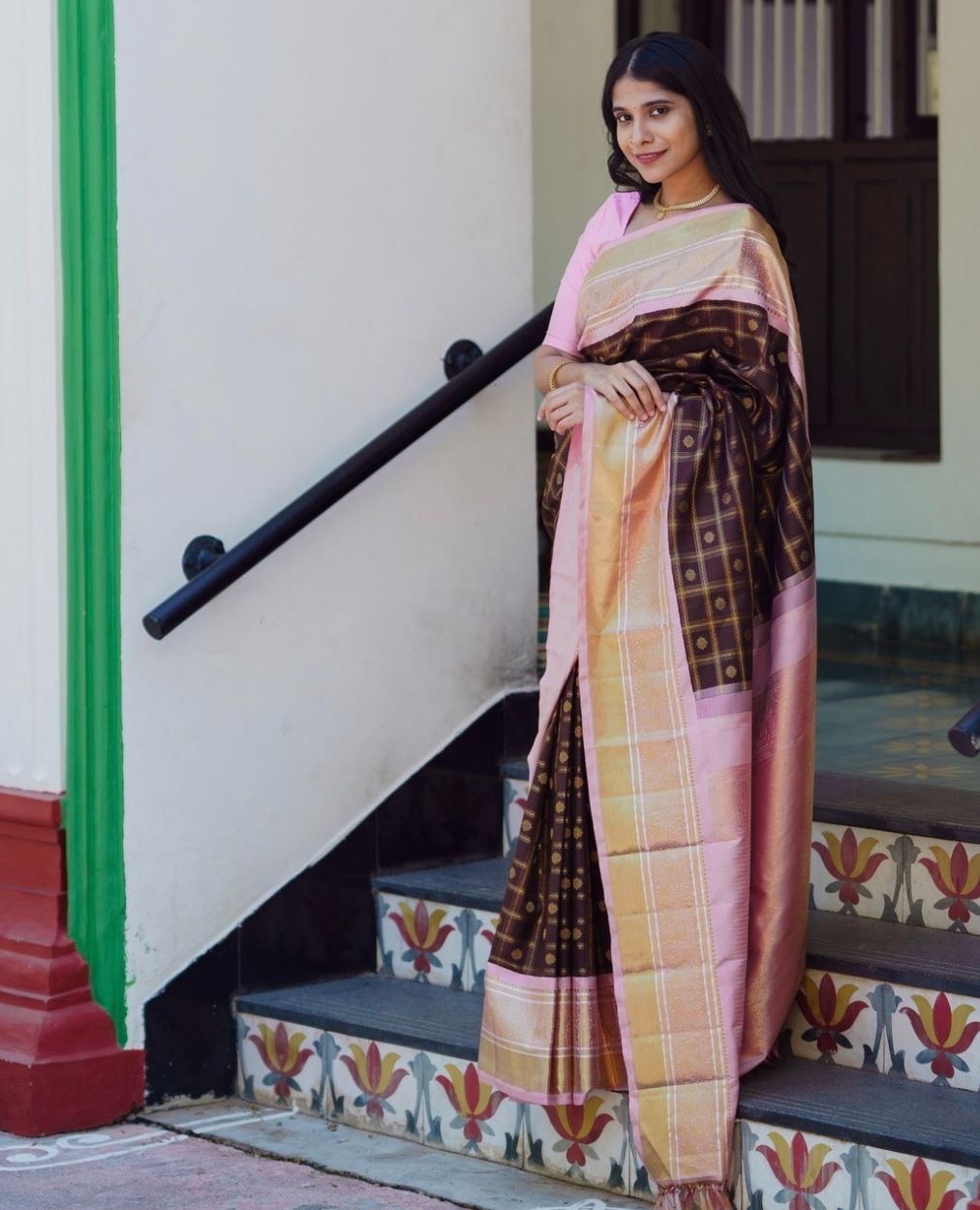 Maroon With Pink Border Banarasi Silk Saree