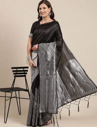 Black With Silver Banarasi Soft Silk Sarees