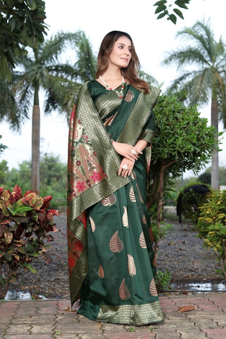 Invaluable Dark Green Soft Banarasi Silk Saree