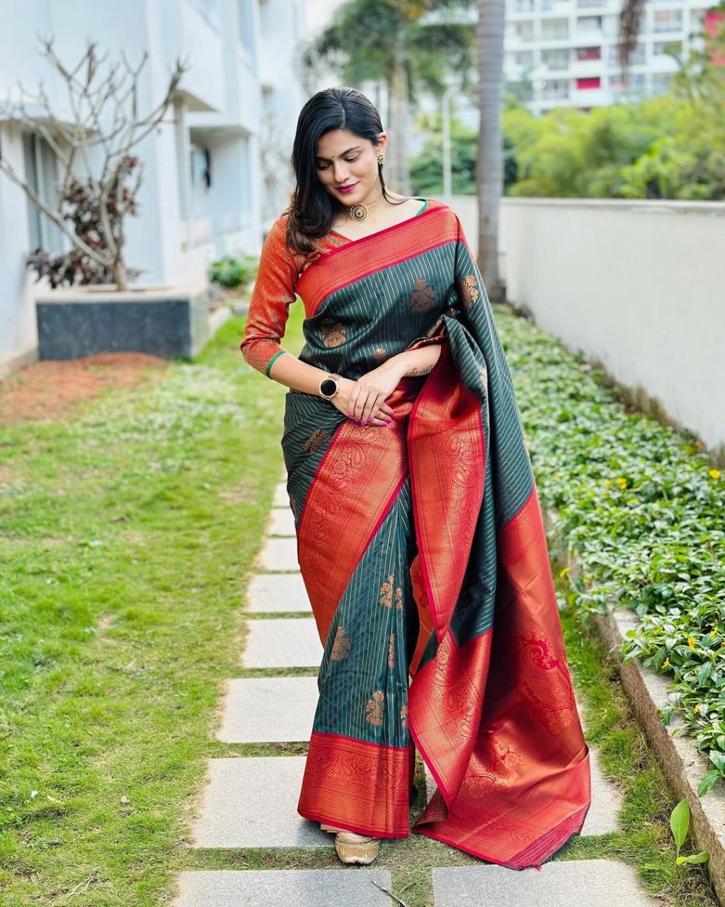 Blissful Dark Green Soft Silk Saree