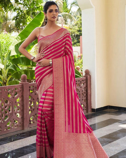 French Rose Pink Woven Lichi Silk Saree