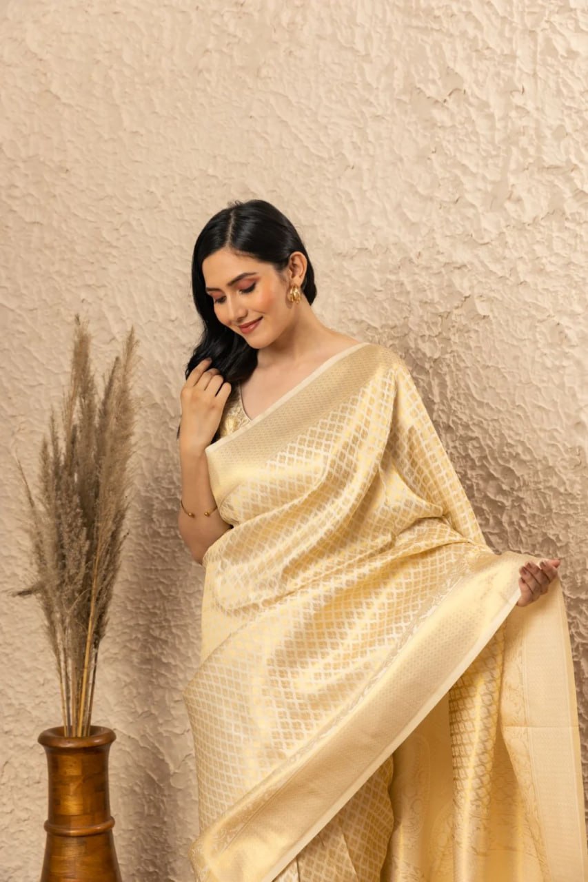 Cream Banarasi Silk Saree