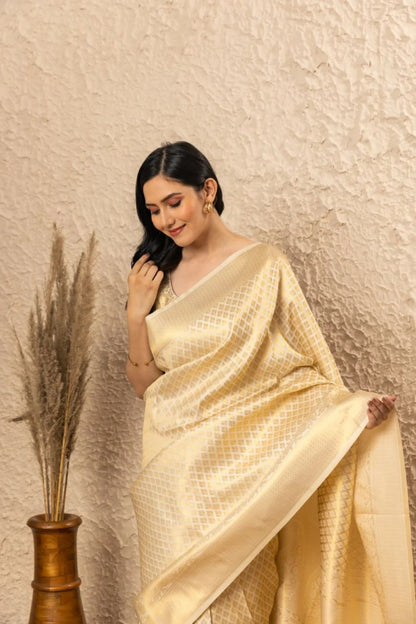 Cream Banarasi Silk Saree