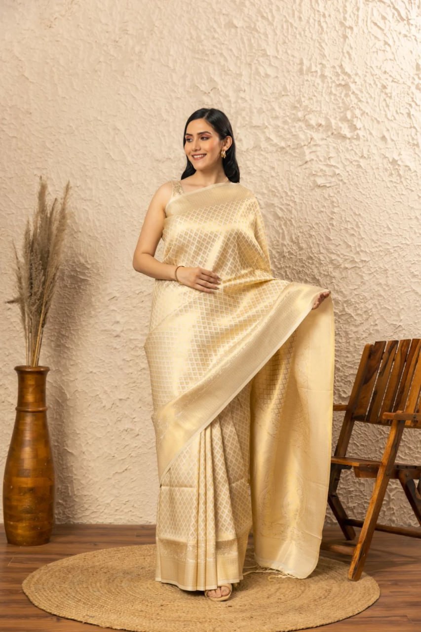 Cream Banarasi Silk Saree