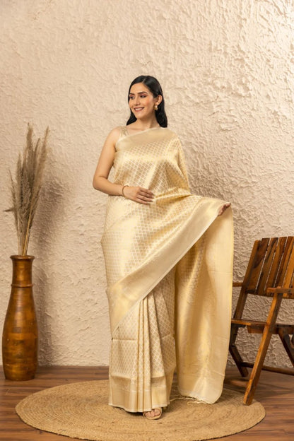 Cream Banarasi Silk Saree