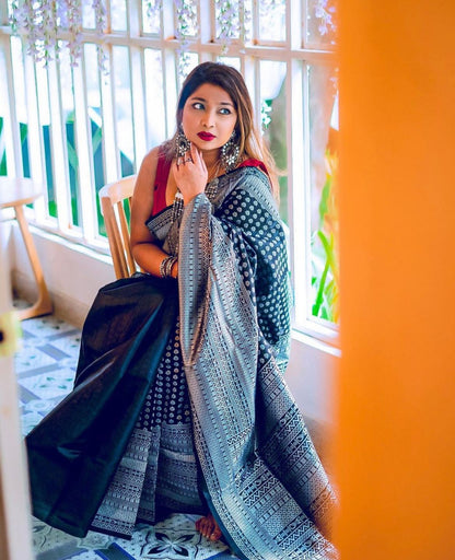 Black With Silver Lichi Silk Saree