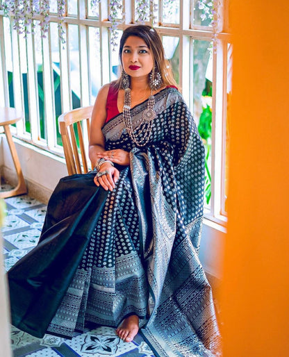 Black With Silver Lichi Silk Saree