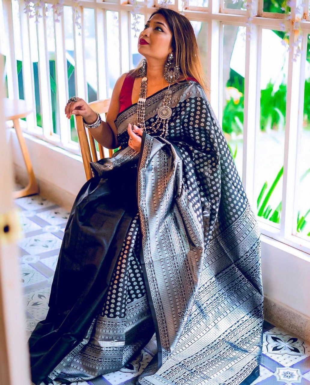 Black With Silver Lichi Silk Saree