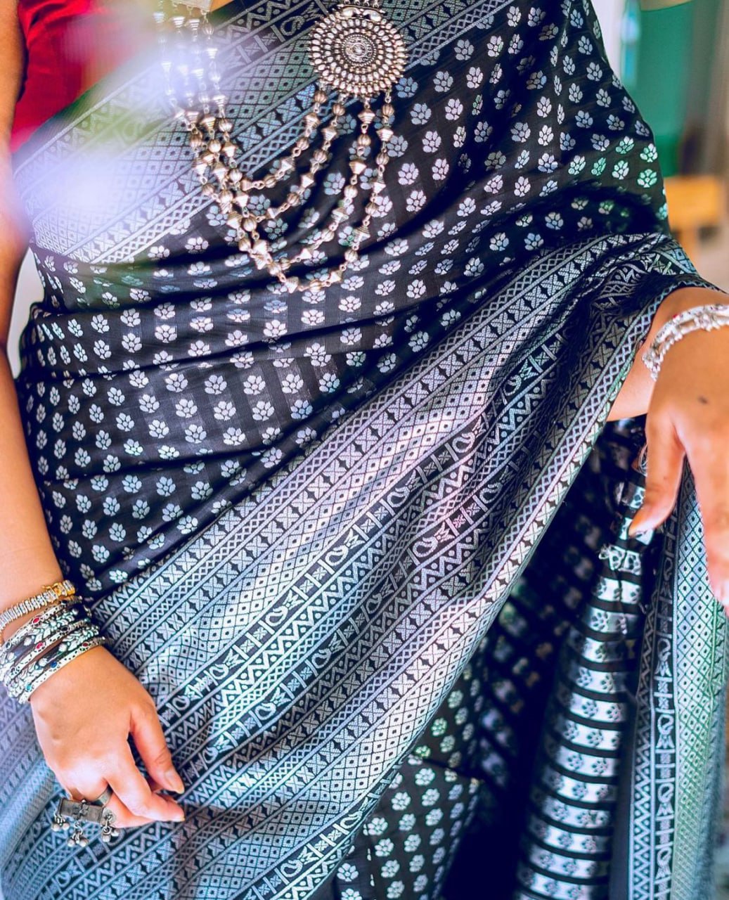 Black With Silver Lichi Silk Saree