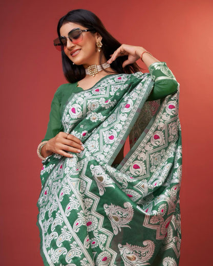 Enigmatic Green Cotton Silk Saree