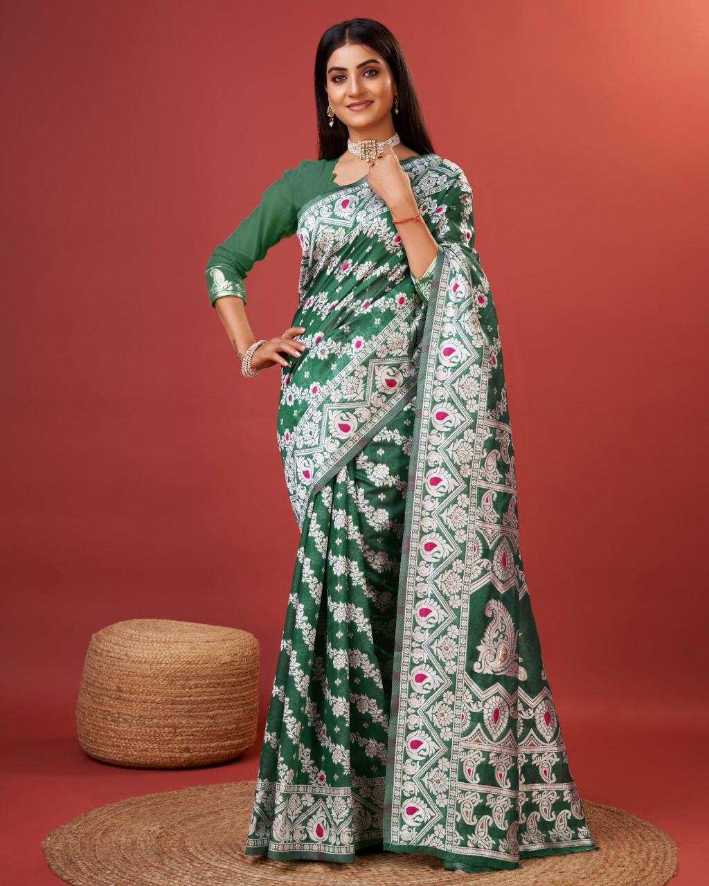 Enigmatic Green Cotton Silk Saree