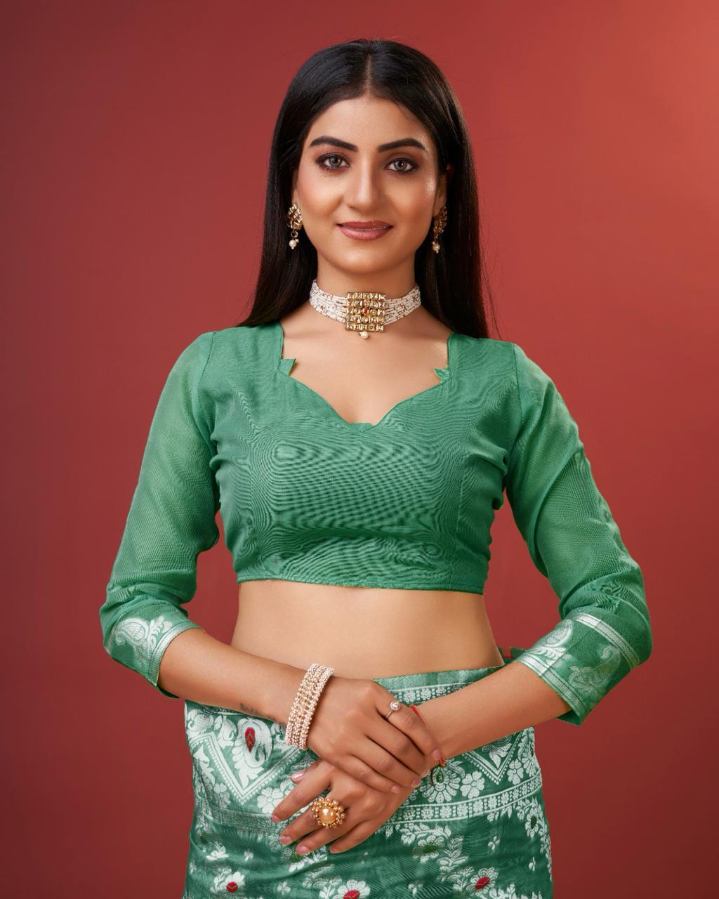 Enigmatic Green Cotton Silk Saree