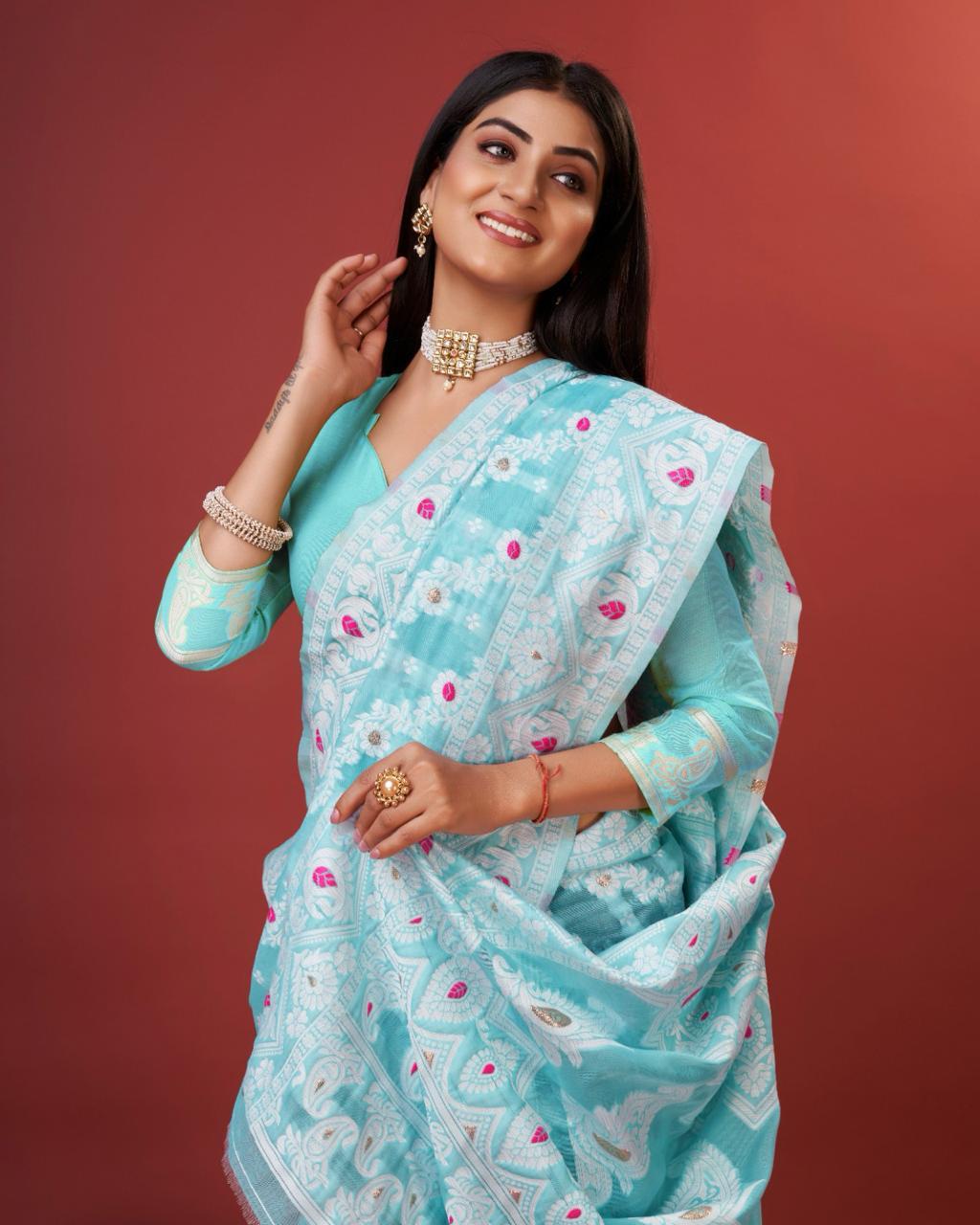Rhapsody Sky Cotton Silk Saree