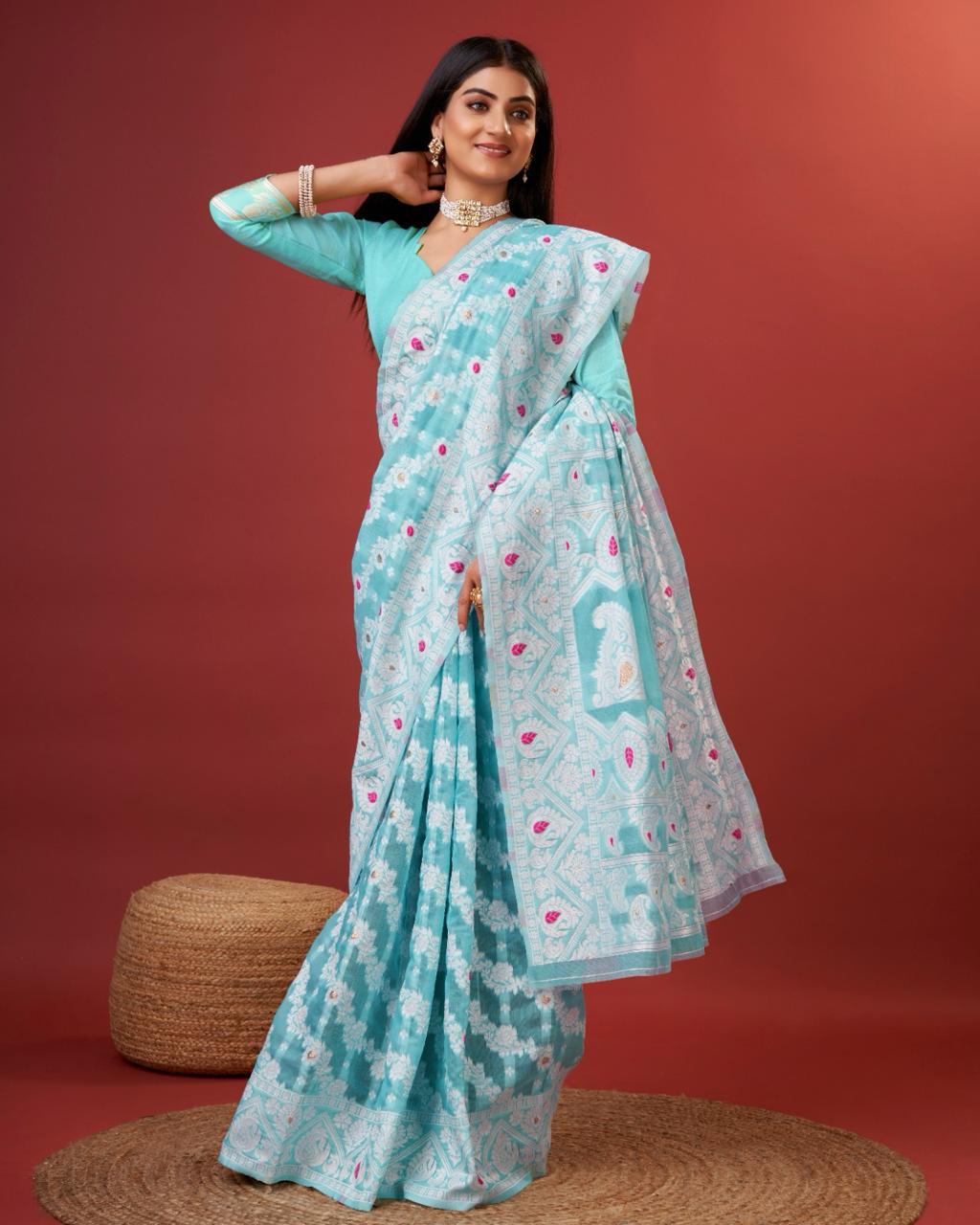 Rhapsody Sky Cotton Silk Saree