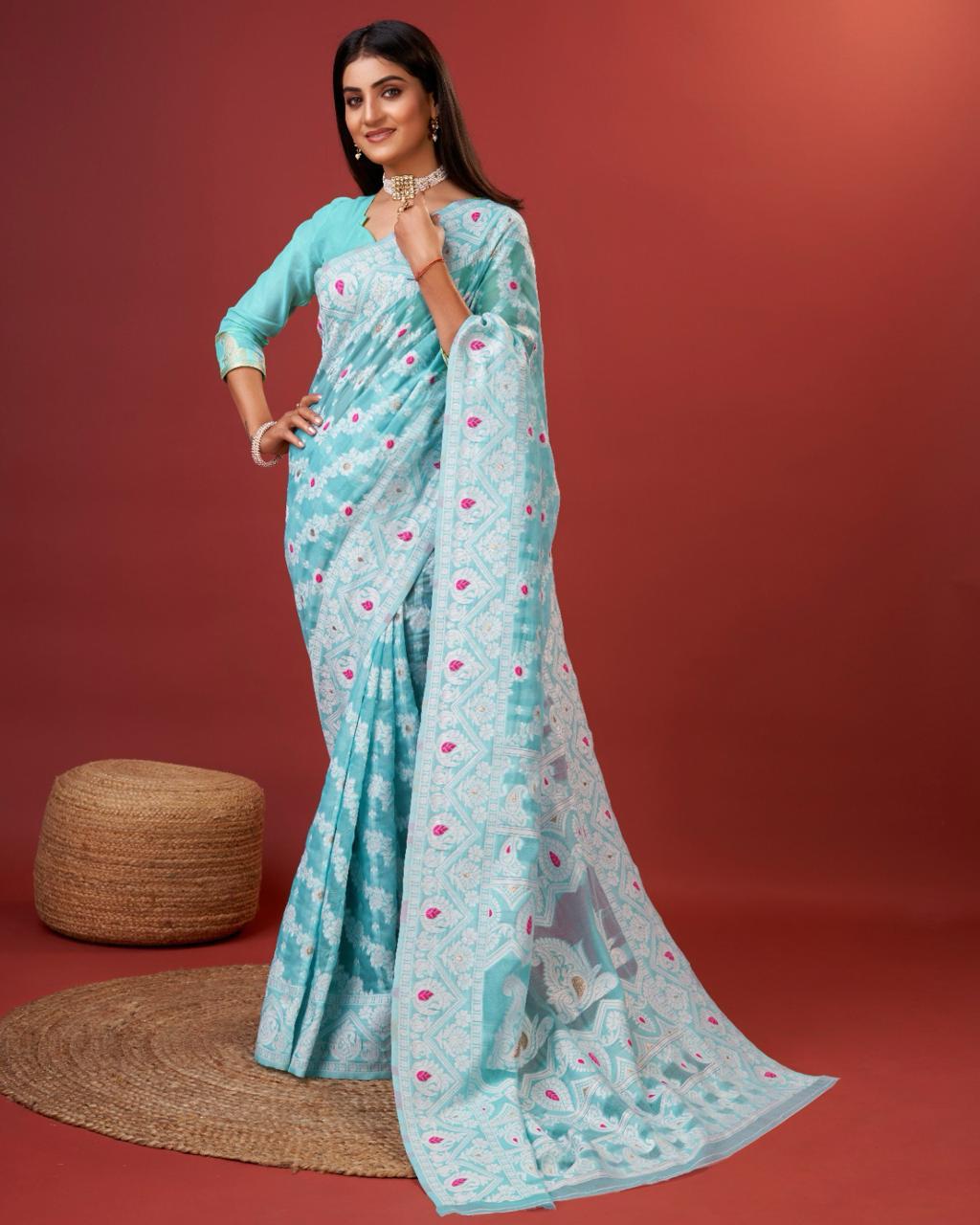 Rhapsody Sky Cotton Silk Saree