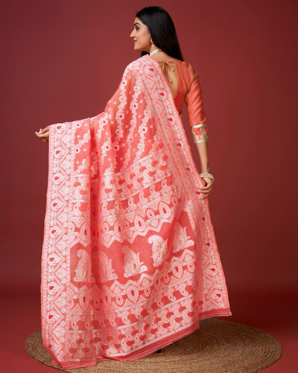 Vibrant Peach Cotton Silk Saree