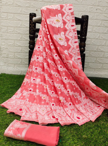 Vibrant Peach Cotton Silk Saree