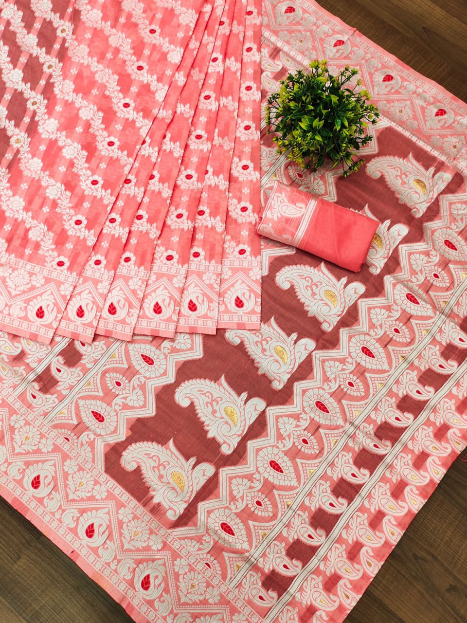 Vibrant Peach Cotton Silk Saree