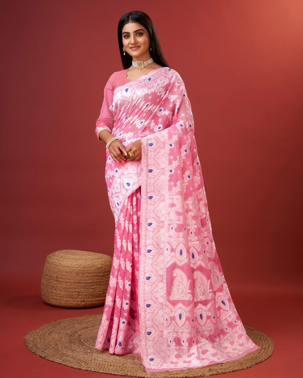 Embellished Pink Cotton Silk Saree
