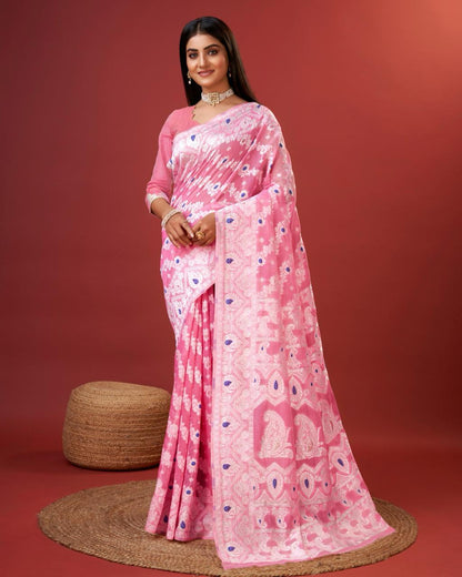 Embellished Pink Cotton Silk Saree