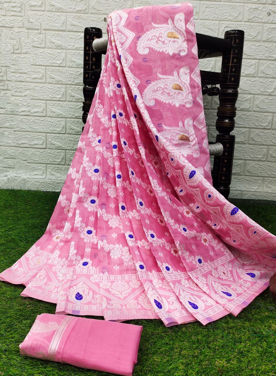 Embellished Pink Cotton Silk Saree