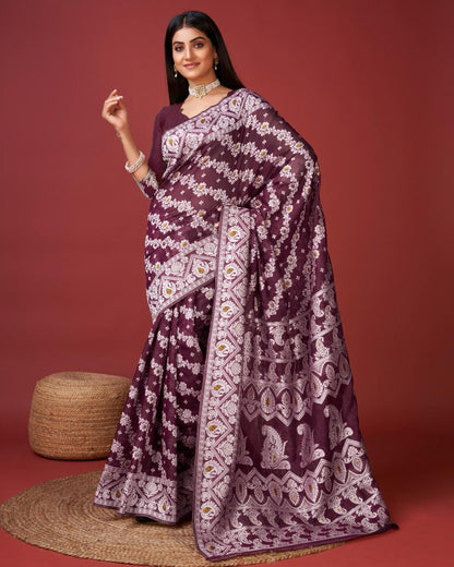 Sonorous Wine Cotton Silk Saree