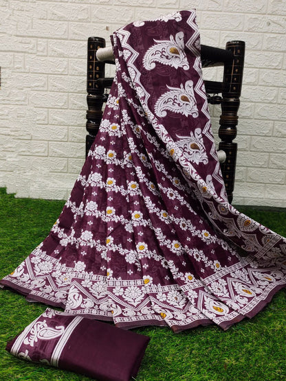 Sonorous Wine Cotton Silk Saree