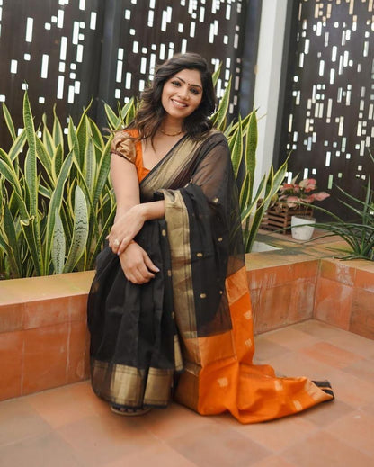 Flamboyant Black Cotton Silk Saree