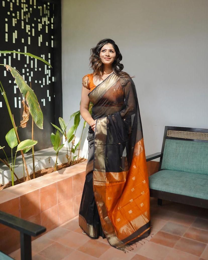 Flamboyant Black Cotton Silk Saree